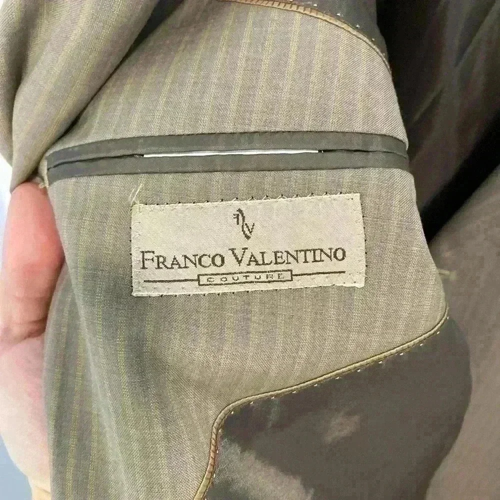 Franco Valentino Couture Hand Tailored Tan Pinstripe Wool Suit Jacket Size 44R‎